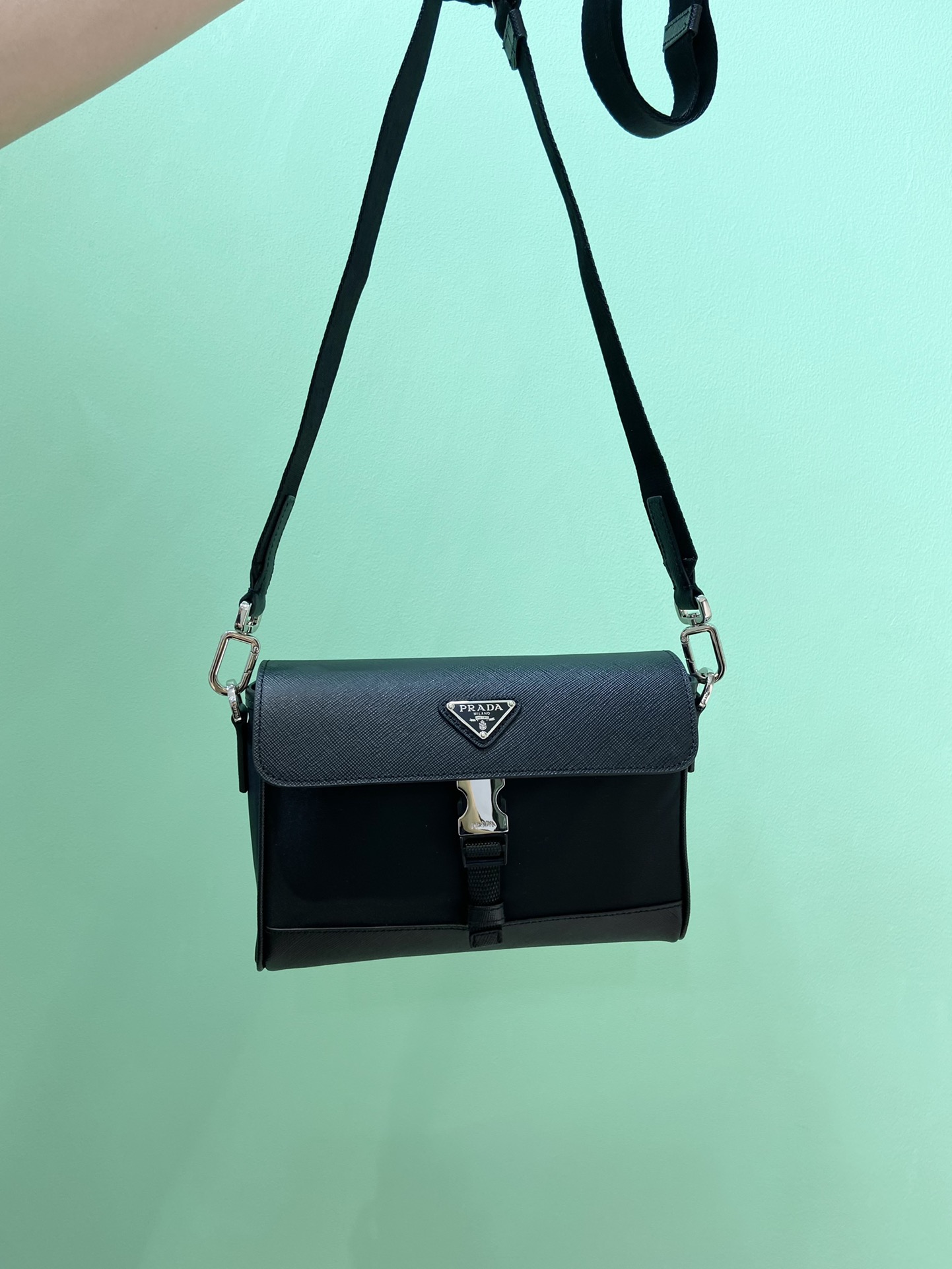 Pra*a re-nylon and leather shoulder bag