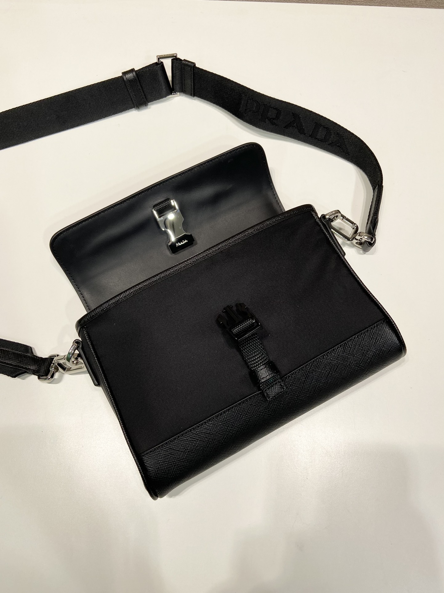 Pra*a re-nylon and leather shoulder bag