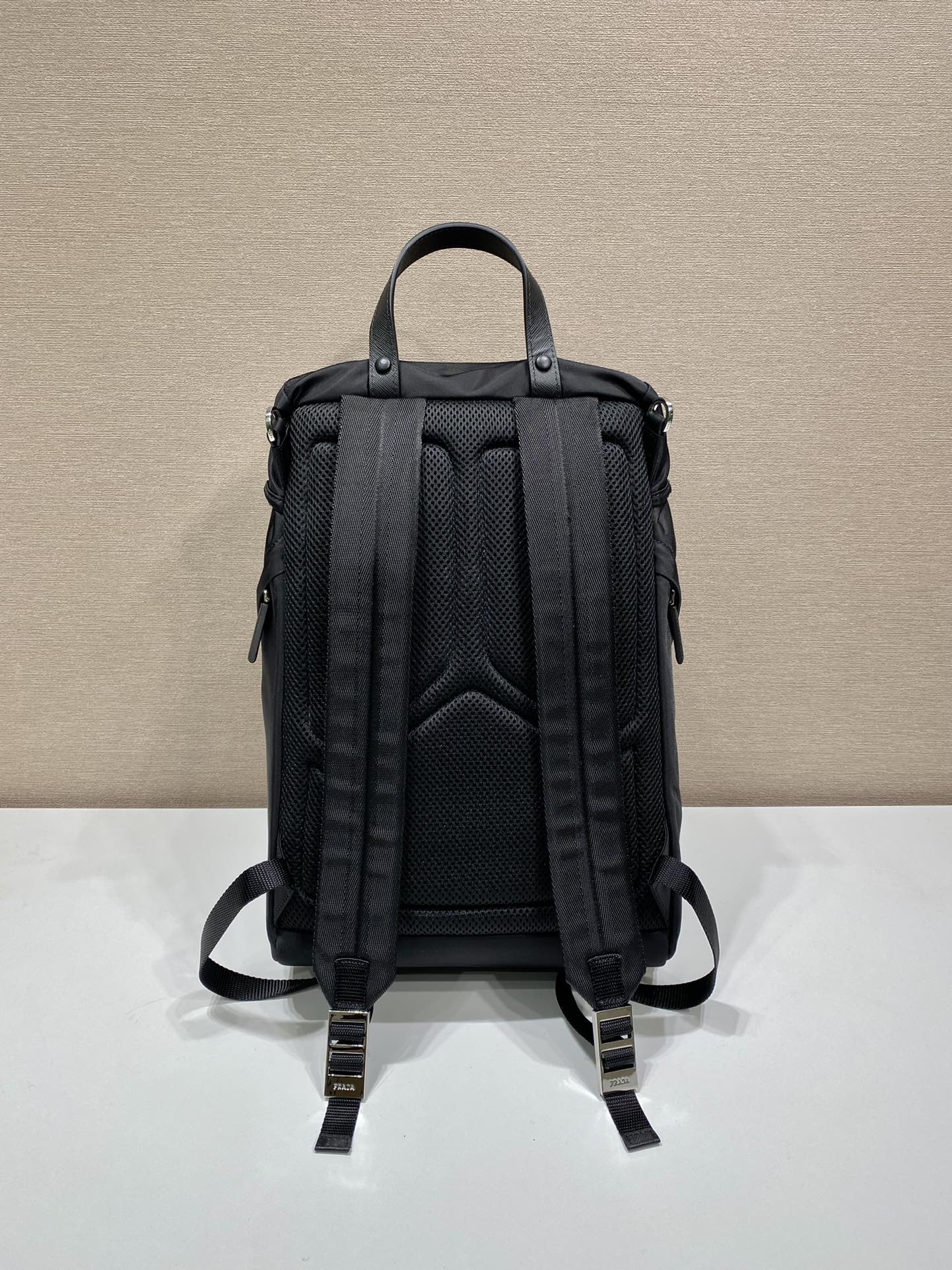 Pra*a black re-nylon and saffiano  backpack