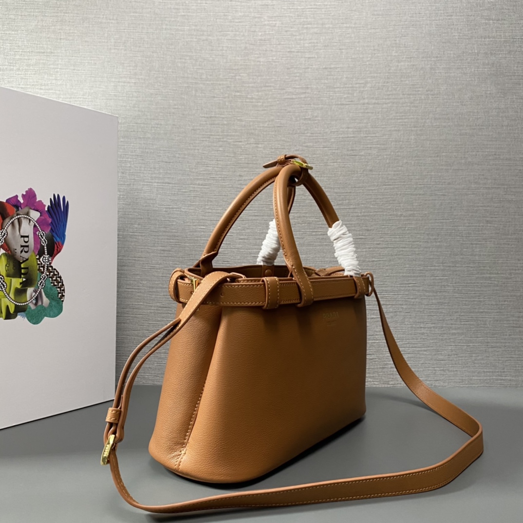 Pra*a buckle small leather handbag with double belt